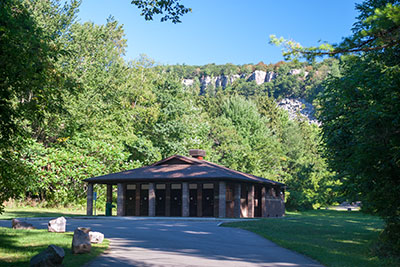 Group camp shelter and facilities at Devil's Lake State Park