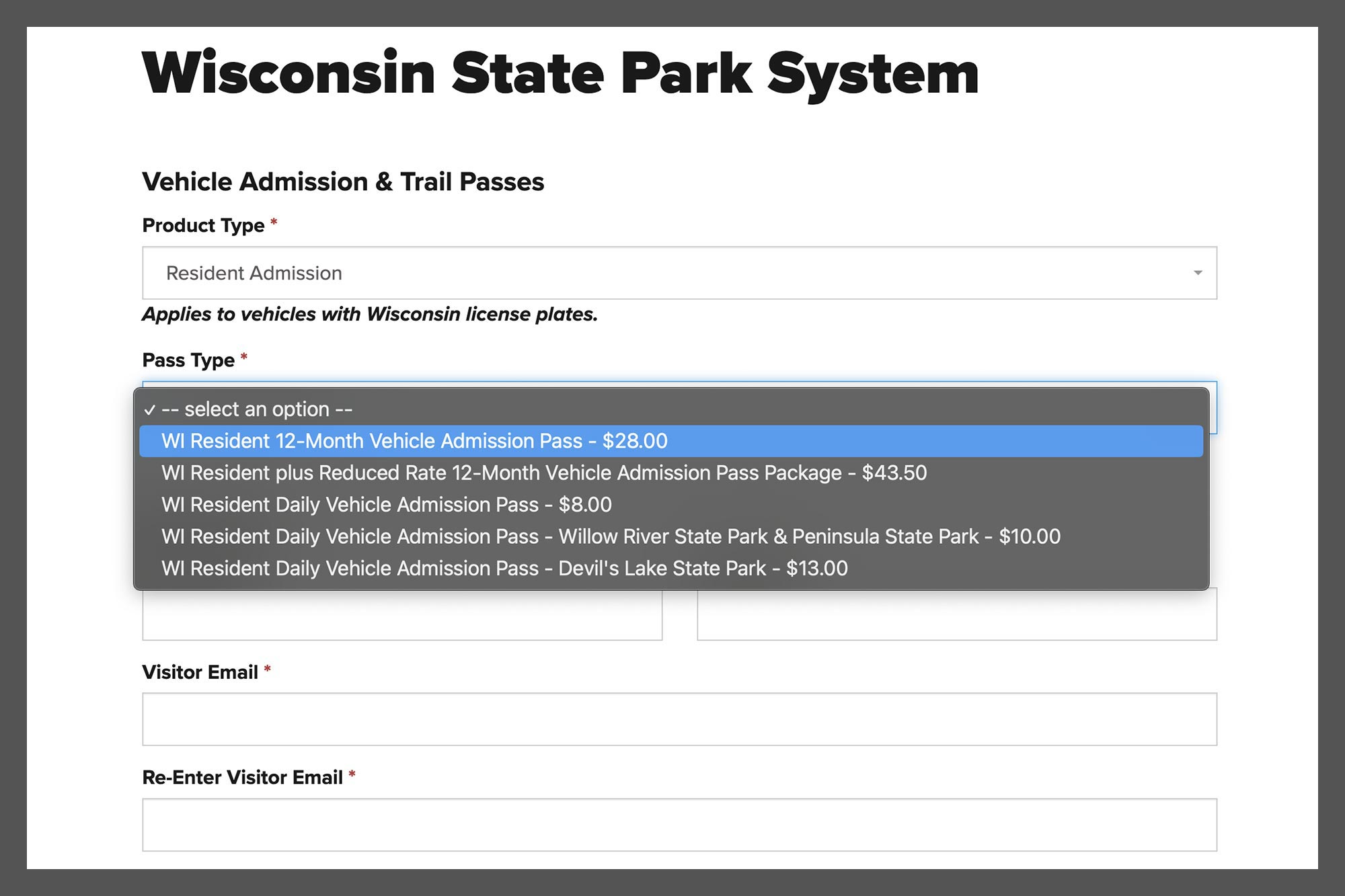 Wisconsin State Park Pass Screen Capture